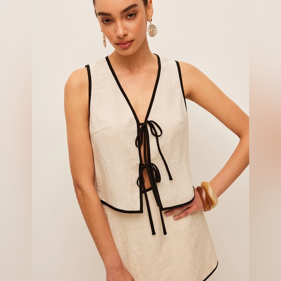 34 Commense Cotton & Linen Contrast Trim V-Neck Skirt Set - Picture 3 of 6